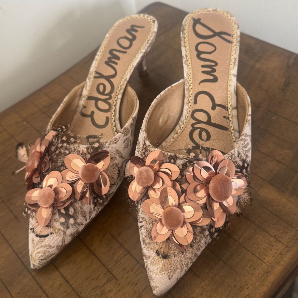 Sam Edelman Floral Mule Heels Women's 6.5 Embellished Pointed Toe Slip On